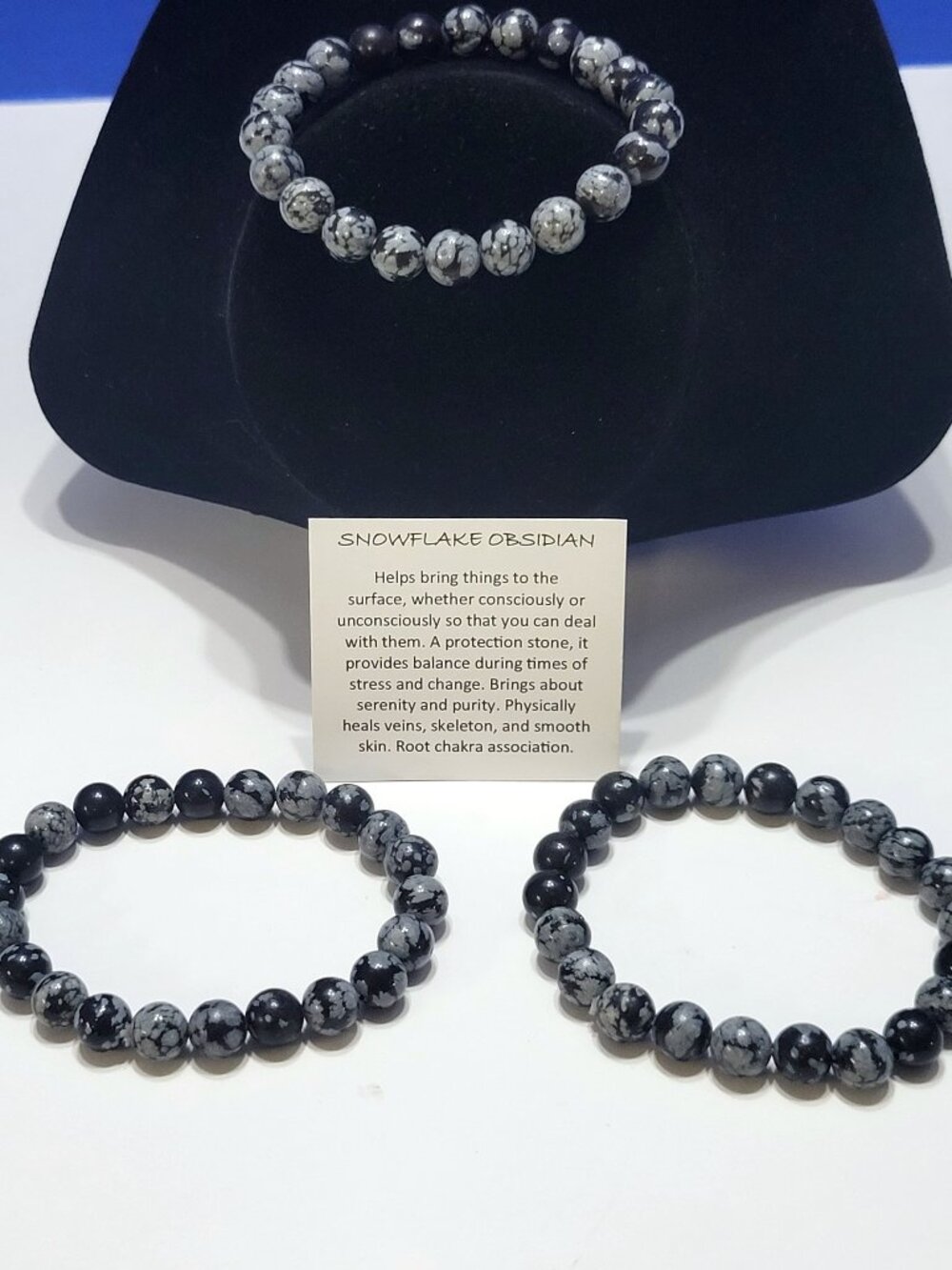 Vintage Snowflake Obsidian Beaded Bracelets Set of 3 for Protection